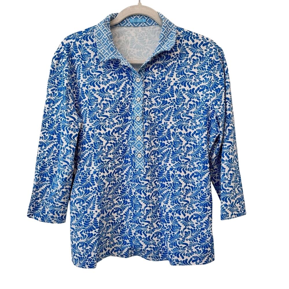JMcLaughlin Blue White Button Down Top Womens Large